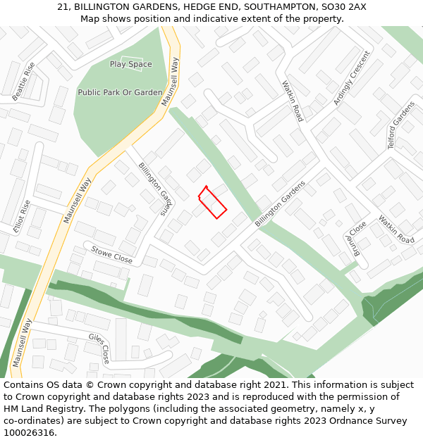 21, BILLINGTON GARDENS, HEDGE END, SOUTHAMPTON, SO30 2AX: Location map and indicative extent of plot