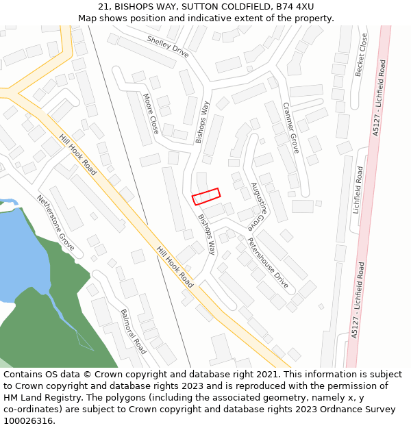 21, BISHOPS WAY, SUTTON COLDFIELD, B74 4XU: Location map and indicative extent of plot