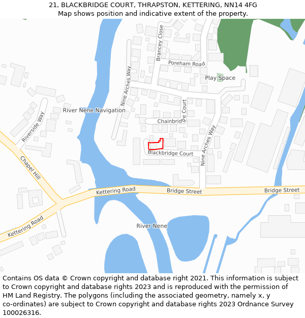 21, BLACKBRIDGE COURT, THRAPSTON, KETTERING, NN14 4FG: Location map and indicative extent of plot