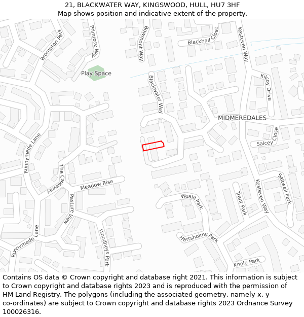 21, BLACKWATER WAY, KINGSWOOD, HULL, HU7 3HF: Location map and indicative extent of plot