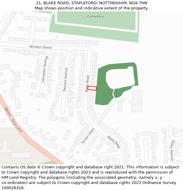 21, BLAKE ROAD, STAPLEFORD, NOTTINGHAM, NG9 7HN: Location map and indicative extent of plot