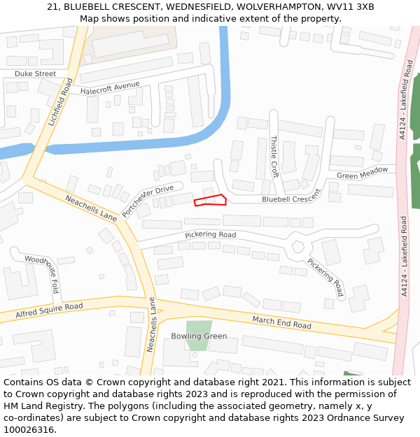 21, BLUEBELL CRESCENT, WEDNESFIELD, WOLVERHAMPTON, WV11 3XB: Location map and indicative extent of plot
