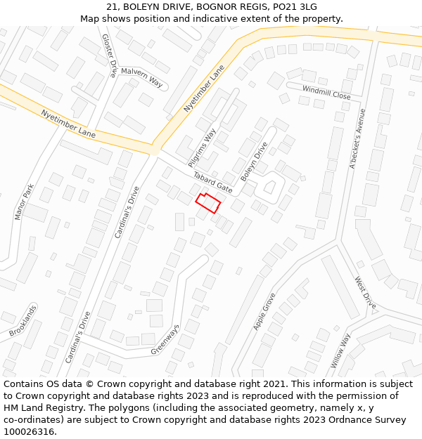 21, BOLEYN DRIVE, BOGNOR REGIS, PO21 3LG: Location map and indicative extent of plot