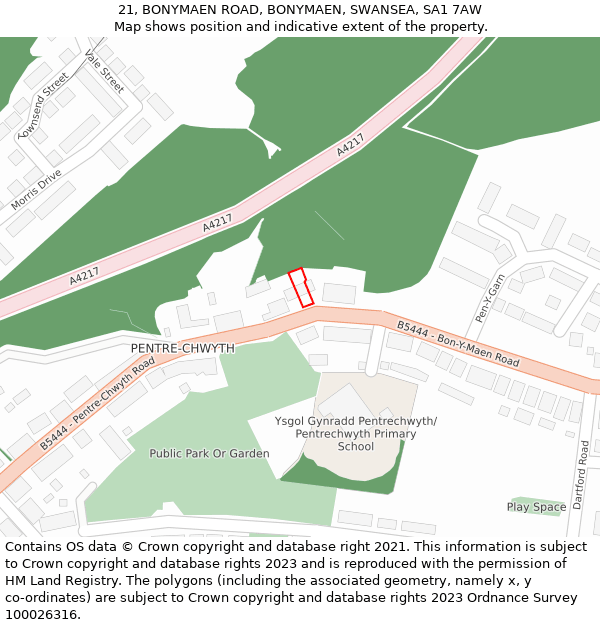 21, BONYMAEN ROAD, BONYMAEN, SWANSEA, SA1 7AW: Location map and indicative extent of plot