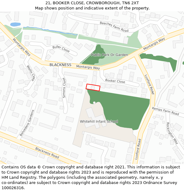 21, BOOKER CLOSE, CROWBOROUGH, TN6 2XT: Location map and indicative extent of plot