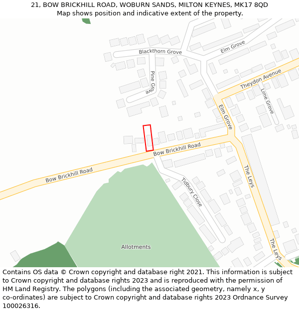 21, BOW BRICKHILL ROAD, WOBURN SANDS, MILTON KEYNES, MK17 8QD: Location map and indicative extent of plot