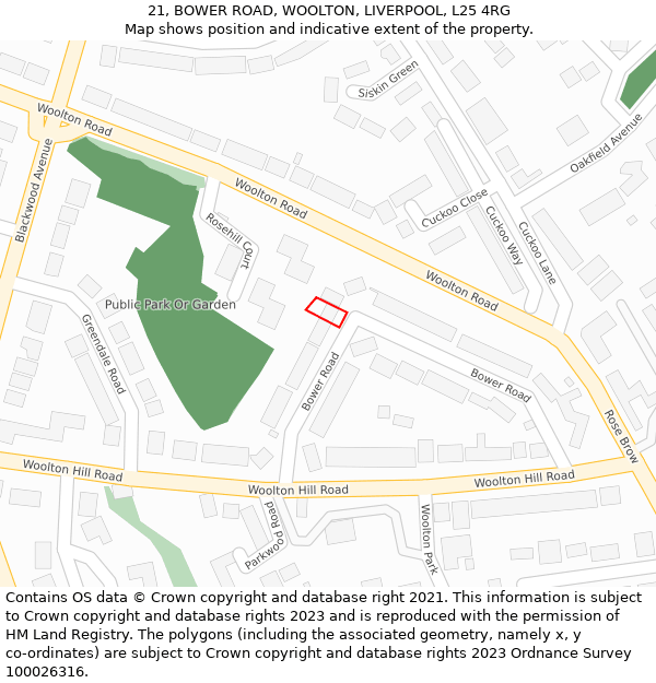 21, BOWER ROAD, WOOLTON, LIVERPOOL, L25 4RG: Location map and indicative extent of plot