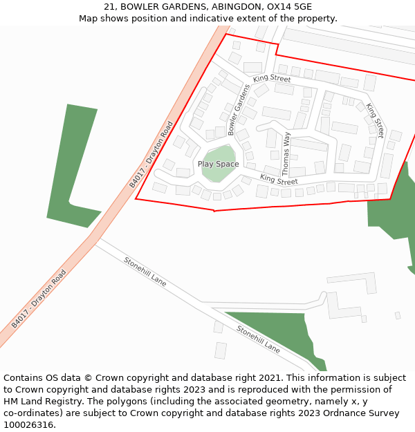 21, BOWLER GARDENS, ABINGDON, OX14 5GE: Location map and indicative extent of plot