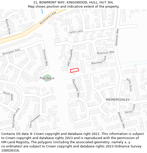 21, BOWMONT WAY, KINGSWOOD, HULL, HU7 3HL: Location map and indicative extent of plot