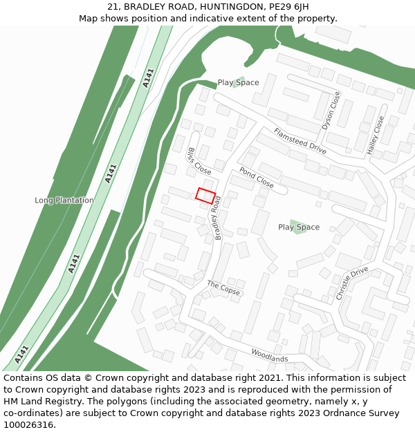 21, BRADLEY ROAD, HUNTINGDON, PE29 6JH: Location map and indicative extent of plot