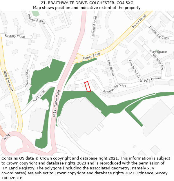 21, BRAITHWAITE DRIVE, COLCHESTER, CO4 5XG: Location map and indicative extent of plot