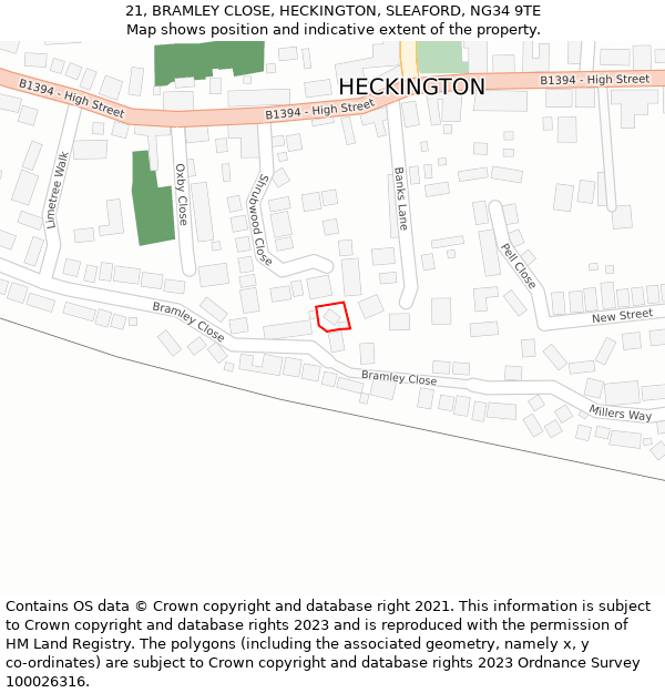 21, BRAMLEY CLOSE, HECKINGTON, SLEAFORD, NG34 9TE: Location map and indicative extent of plot