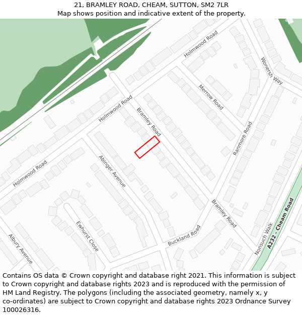 21, BRAMLEY ROAD, CHEAM, SUTTON, SM2 7LR: Location map and indicative extent of plot