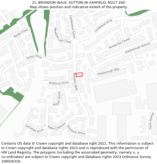 21, BRANDON WALK, SUTTON-IN-ASHFIELD, NG17 1NA: Location map and indicative extent of plot