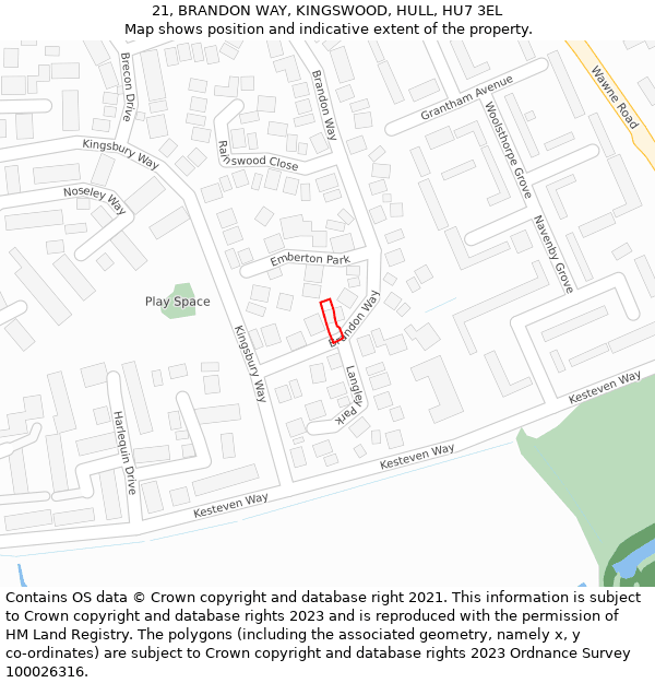 21, BRANDON WAY, KINGSWOOD, HULL, HU7 3EL: Location map and indicative extent of plot