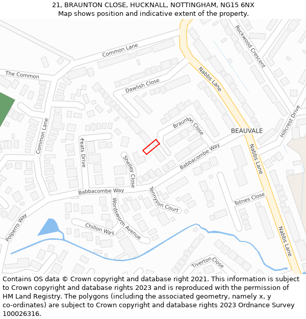 21, BRAUNTON CLOSE, HUCKNALL, NOTTINGHAM, NG15 6NX: Location map and indicative extent of plot