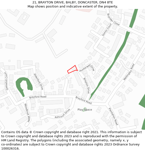 21, BRAYTON DRIVE, BALBY, DONCASTER, DN4 8TE: Location map and indicative extent of plot