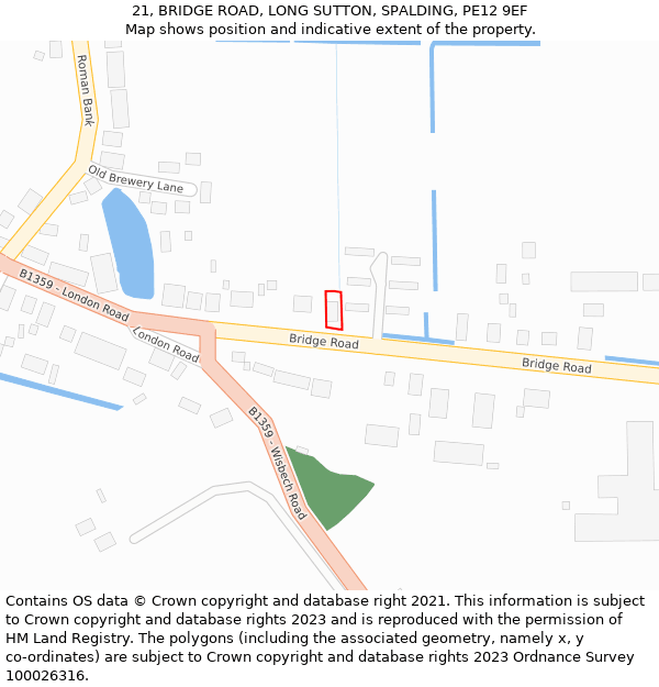 21, BRIDGE ROAD, LONG SUTTON, SPALDING, PE12 9EF: Location map and indicative extent of plot