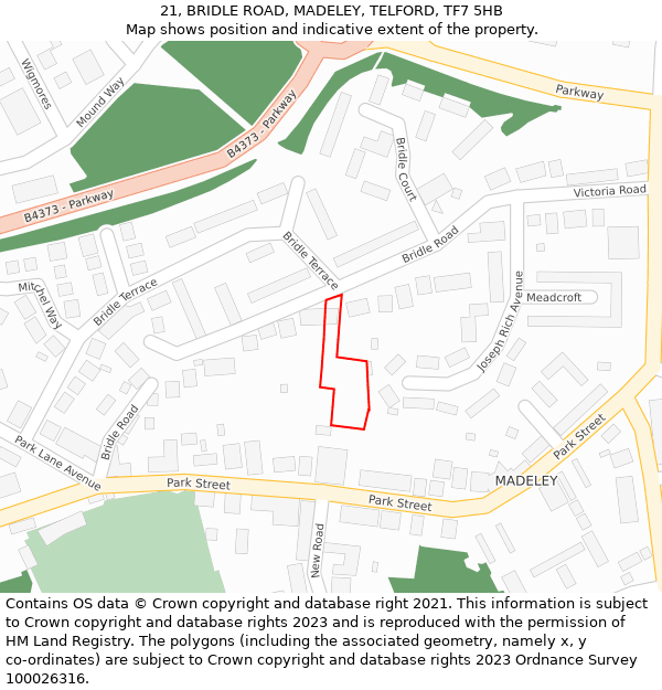 21, BRIDLE ROAD, MADELEY, TELFORD, TF7 5HB: Location map and indicative extent of plot