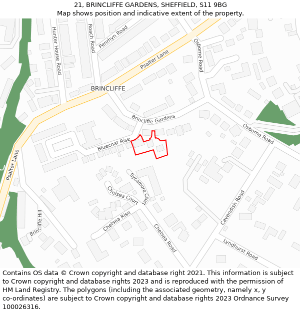 21, BRINCLIFFE GARDENS, SHEFFIELD, S11 9BG: Location map and indicative extent of plot