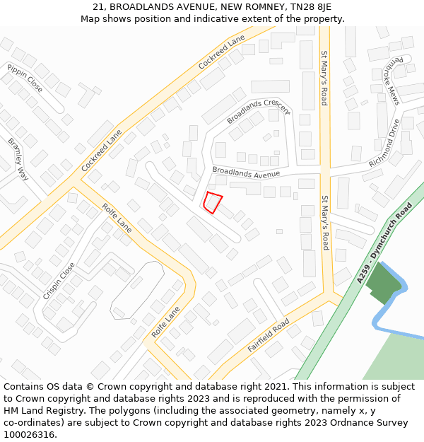 21, BROADLANDS AVENUE, NEW ROMNEY, TN28 8JE: Location map and indicative extent of plot