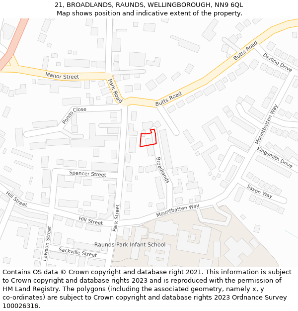 21, BROADLANDS, RAUNDS, WELLINGBOROUGH, NN9 6QL: Location map and indicative extent of plot