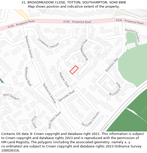 21, BROADMEADOW CLOSE, TOTTON, SOUTHAMPTON, SO40 8WB: Location map and indicative extent of plot