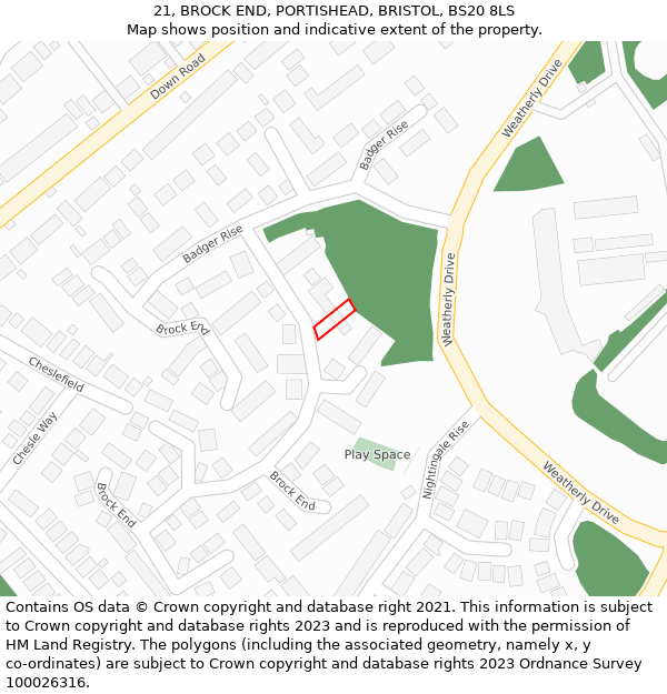 21, BROCK END, PORTISHEAD, BRISTOL, BS20 8LS: Location map and indicative extent of plot