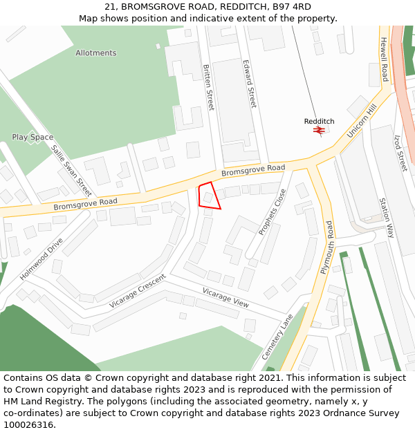 21, BROMSGROVE ROAD, REDDITCH, B97 4RD: Location map and indicative extent of plot