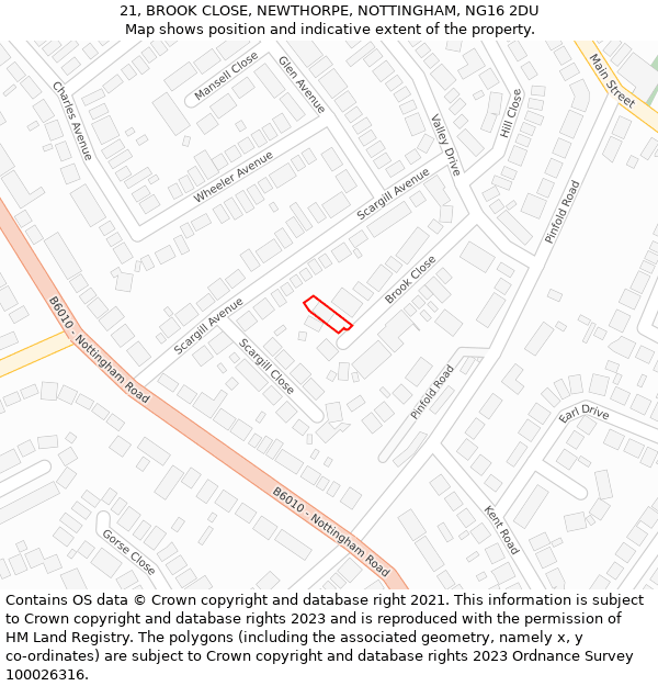 21, BROOK CLOSE, NEWTHORPE, NOTTINGHAM, NG16 2DU: Location map and indicative extent of plot