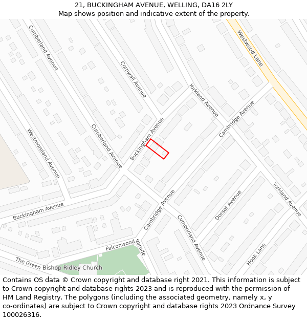 21, BUCKINGHAM AVENUE, WELLING, DA16 2LY: Location map and indicative extent of plot