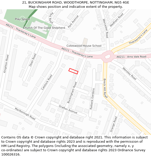 21, BUCKINGHAM ROAD, WOODTHORPE, NOTTINGHAM, NG5 4GE: Location map and indicative extent of plot