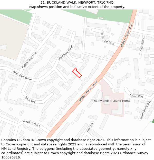 21, BUCKLAND WALK, NEWPORT, TF10 7NQ: Location map and indicative extent of plot