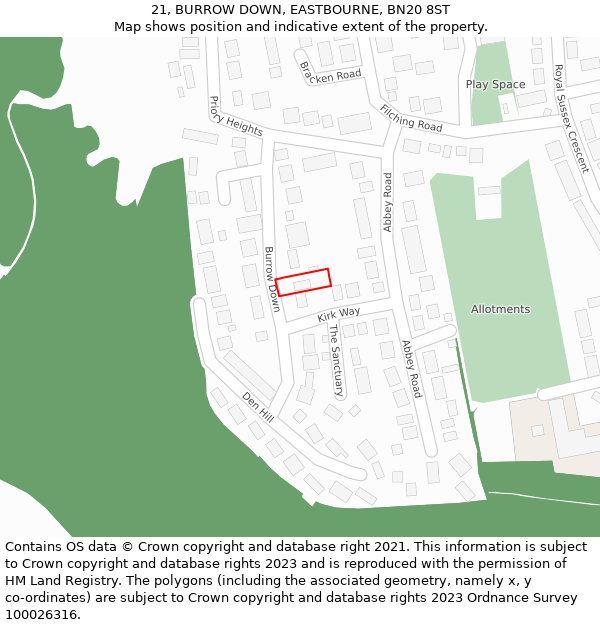 21, BURROW DOWN, EASTBOURNE, BN20 8ST: Location map and indicative extent of plot