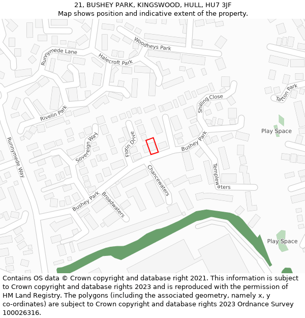 21, BUSHEY PARK, KINGSWOOD, HULL, HU7 3JF: Location map and indicative extent of plot