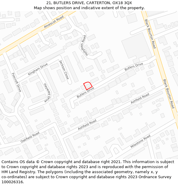 21, BUTLERS DRIVE, CARTERTON, OX18 3QX: Location map and indicative extent of plot