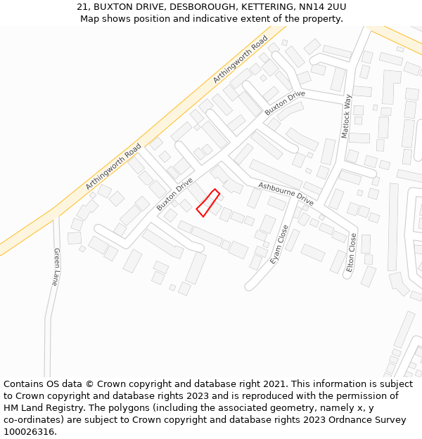 21, BUXTON DRIVE, DESBOROUGH, KETTERING, NN14 2UU: Location map and indicative extent of plot