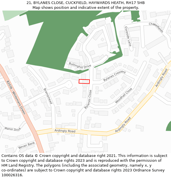 21, BYLANES CLOSE, CUCKFIELD, HAYWARDS HEATH, RH17 5HB: Location map and indicative extent of plot