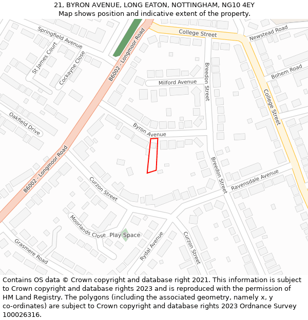 21, BYRON AVENUE, LONG EATON, NOTTINGHAM, NG10 4EY: Location map and indicative extent of plot