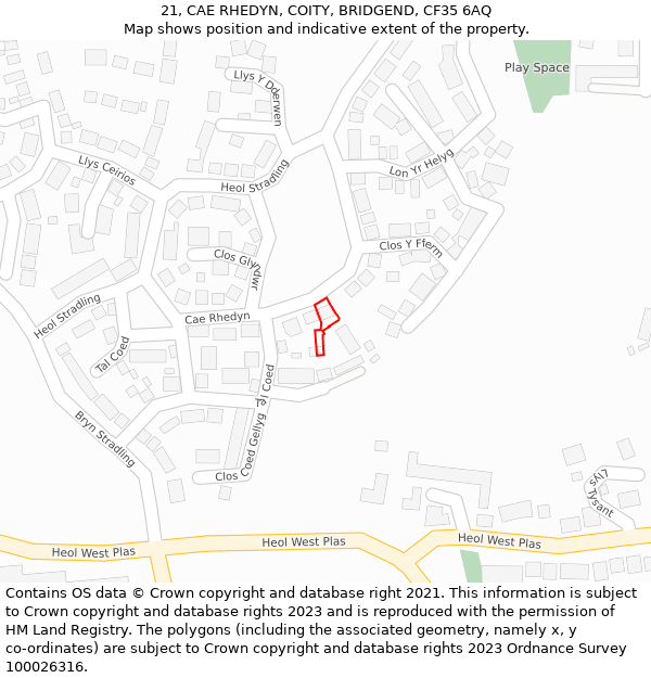 21, CAE RHEDYN, COITY, BRIDGEND, CF35 6AQ: Location map and indicative extent of plot