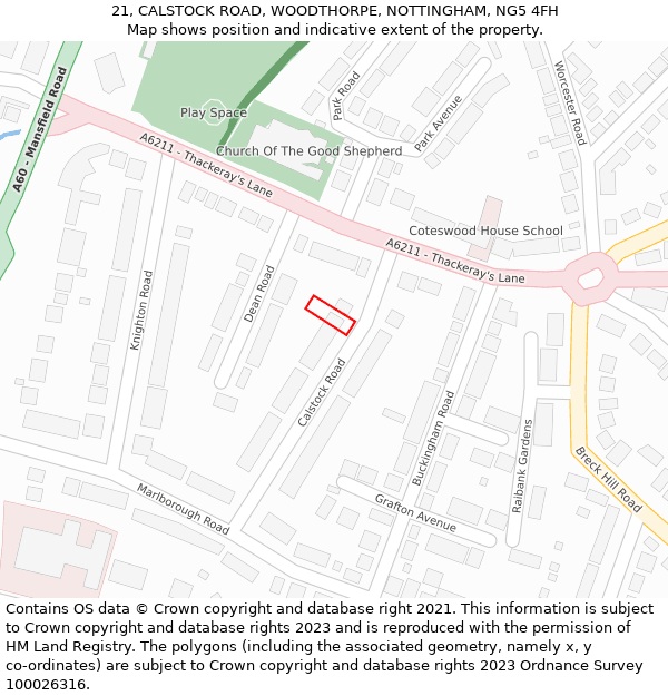 21, CALSTOCK ROAD, WOODTHORPE, NOTTINGHAM, NG5 4FH: Location map and indicative extent of plot