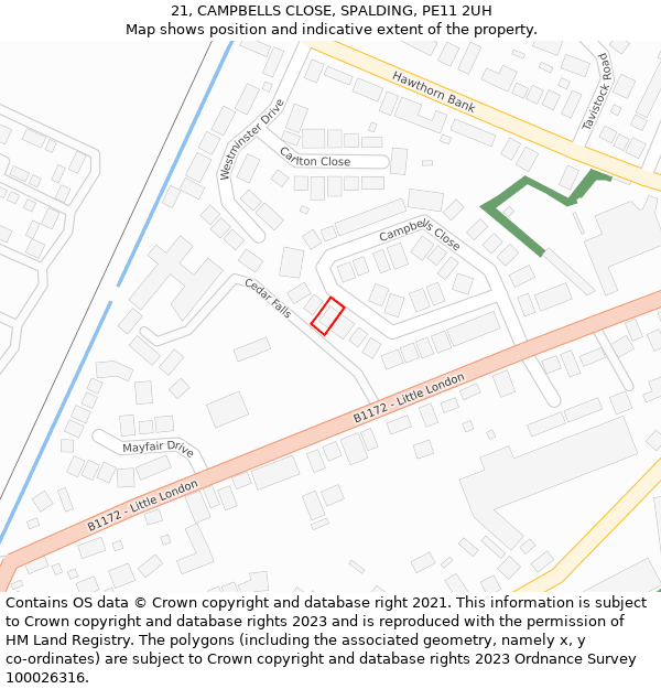 21, CAMPBELLS CLOSE, SPALDING, PE11 2UH: Location map and indicative extent of plot