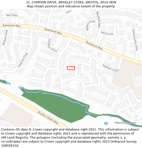 21, CAMPION DRIVE, BRADLEY STOKE, BRISTOL, BS32 0EW: Location map and indicative extent of plot