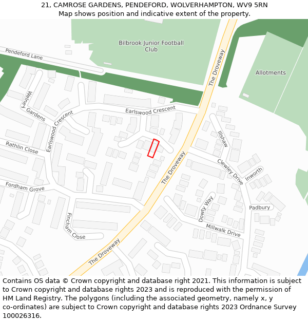 21, CAMROSE GARDENS, PENDEFORD, WOLVERHAMPTON, WV9 5RN: Location map and indicative extent of plot