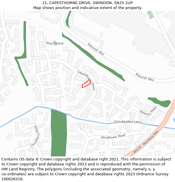 21, CAPESTHORNE DRIVE, SWINDON, SN25 1UP: Location map and indicative extent of plot