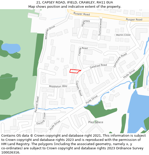 21, CAPSEY ROAD, IFIELD, CRAWLEY, RH11 0UA: Location map and indicative extent of plot