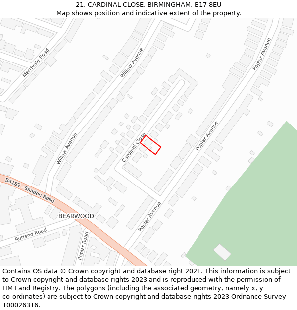 21, CARDINAL CLOSE, BIRMINGHAM, B17 8EU: Location map and indicative extent of plot