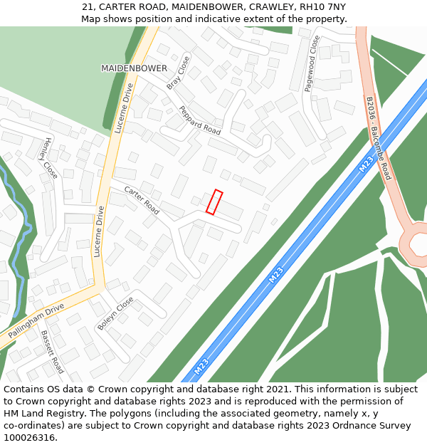 21, CARTER ROAD, MAIDENBOWER, CRAWLEY, RH10 7NY: Location map and indicative extent of plot