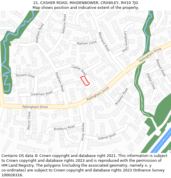 21, CASHER ROAD, MAIDENBOWER, CRAWLEY, RH10 7JG: Location map and indicative extent of plot