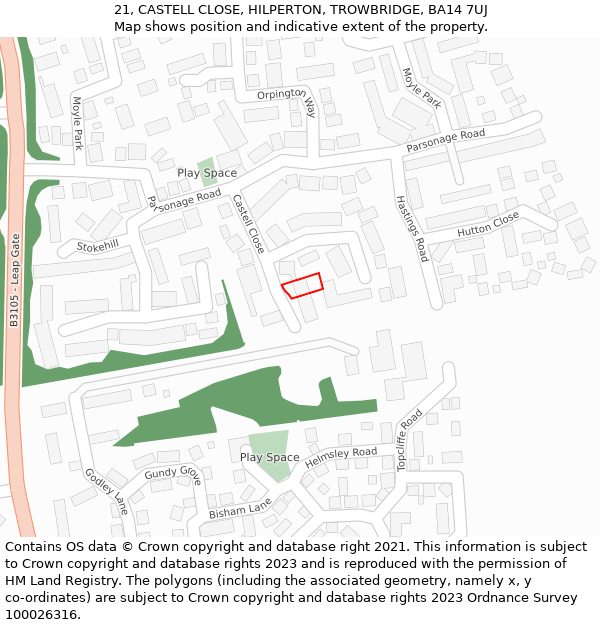 21, CASTELL CLOSE, HILPERTON, TROWBRIDGE, BA14 7UJ: Location map and indicative extent of plot